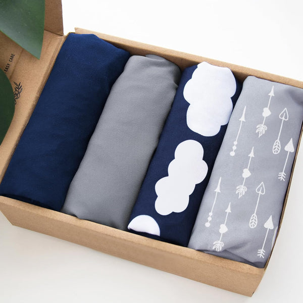 4 Pack Pack and Play Fitted Sheets Fits Graco Pack N Play Playard, Pamo Babe, Zodiak, Baby Trend Portable Playard and Other 27 X 39 Playpen Mattress, Ultra Soft and Skin-Friendly, Navy Cloud