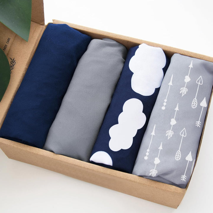 4 Pack Pack and Play Fitted Sheets Fits Graco Pack N Play Playard, Pamo Babe, Zodiak, Baby Trend Portable Playard and Other 27 X 39 Playpen Mattress, Ultra Soft and Skin-Friendly, Navy Cloud
