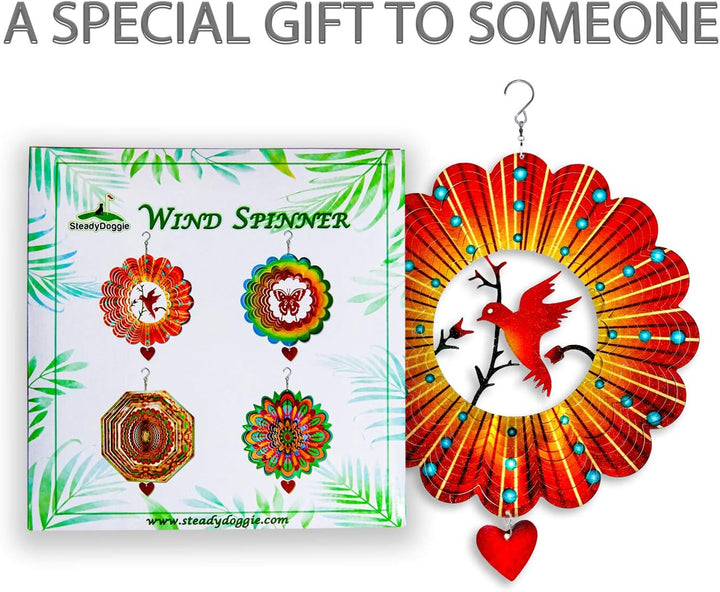 Wind Spinner - 12-Inch 3D Stainless Steel Lovebird Design with Heart Pendant - Laser Cut Metal Art Geometric Pattern - Hanging Kinetic Yard Garden Decor