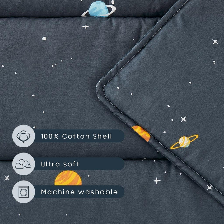 - Toddler Nap Mat with Pillow and Blanket, 100% Cotton Fabric, for Kids Boys Girls Ages 3 plus in Daycare Kindergarten Preschool, Roll up Sleeping Bag, Gray Spaces, Standard
