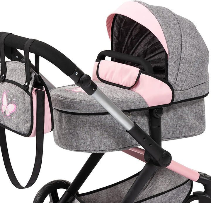 : Pram Xeo: Butterfly Grey & Pink - Matching Handbag, Adjustable Handle, for Dolls up to 20", Ages 3+ | Dress Up