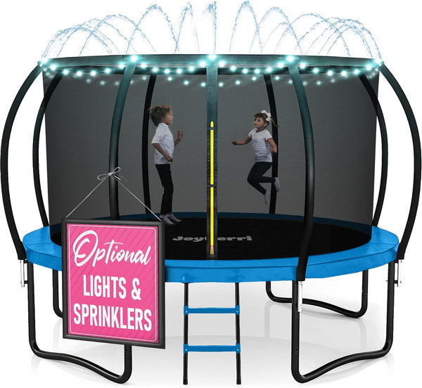 Trampoline Outdoor - ASTM Certified Safe, 8Ft, 10Ft, 12Ft, 14Ft, 15Ft, 16Ft Recreational Trampoline for Kids and Adults. Anti-Rust Coating with Enclosure Net, Ladder, Sprinkler & LED Lights