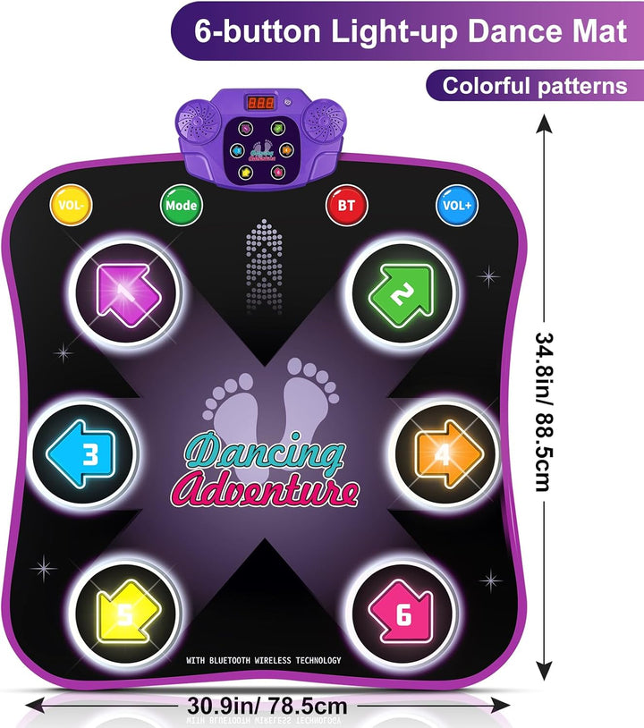 Dance Mat Toys for 3-12 Year Old Kids, Electronic Dance Pad with Light-Up 6-Button Wireless Bluetooth, Music Dance with 5 Game Modes, Birthday Toys Gifts for 3 4 5 6 7 8 9 10+ Year Old Girls