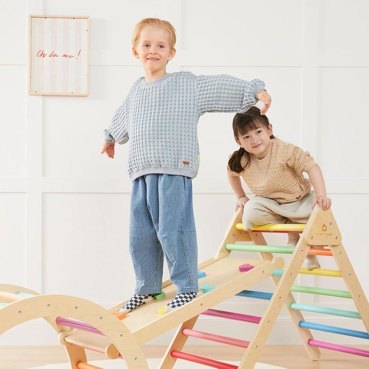 Pikler Triangle Set, 7-In-1 Foldable Pikler Triangle Climbing Toys Set for Kids,Baby Indoor Playground Jungle Gym, Wooden Montessori Climbing Set for Toddler (Rainbow)