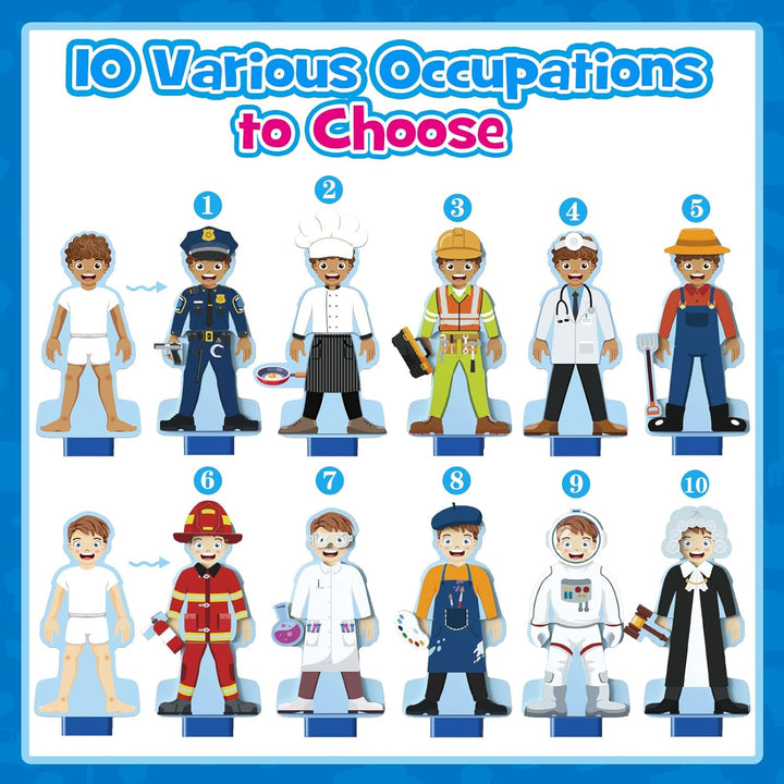 Wooden Magnetic Dress up Dolls Pretend Play Set 40+ Pcs Occupations Community Helpers Matching Games Fridge Magnets for Toddlers Preschool Learning Toys Boys Birthday Gifts