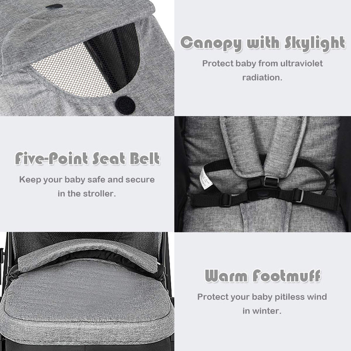 Baby Stroller, 2 in 1 Convertible Carriage Bassinet to Stroller, Pushchair with Foot Cover, Cup Holder, Large Storage Space, Wheels Suspension, 5-Point Harness (Gray)