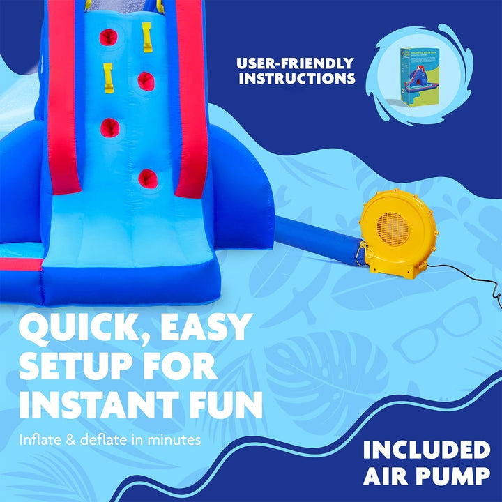 Deluxe Inflatable Water Slide Park & Splash Pool with Tunnel - Heavy-Duty for Outdoor Fun - Climbing Wall - Easy to Set up & Inflate with Included Air Pump & Carrying Case