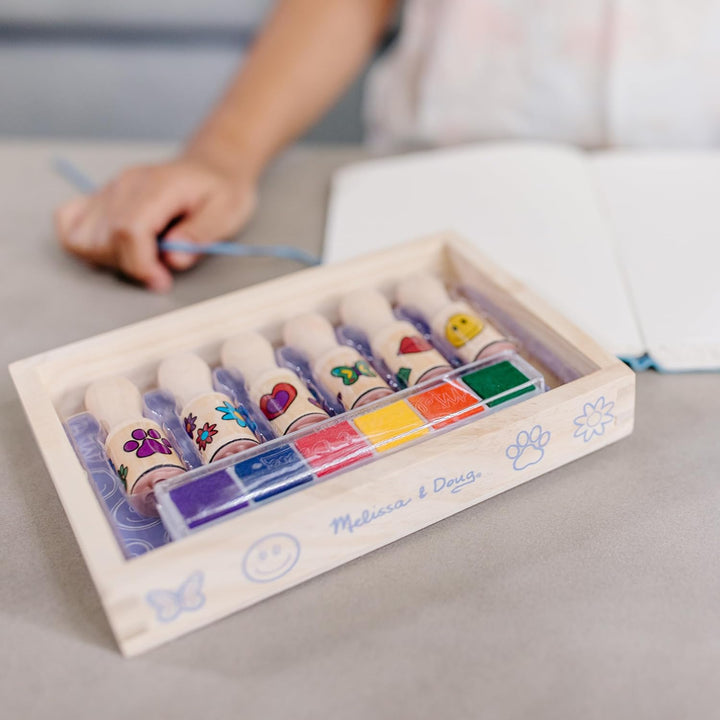 Happy Handles Wooden Stamp Set: 6 Stamps and 6-Color Stamp Pad