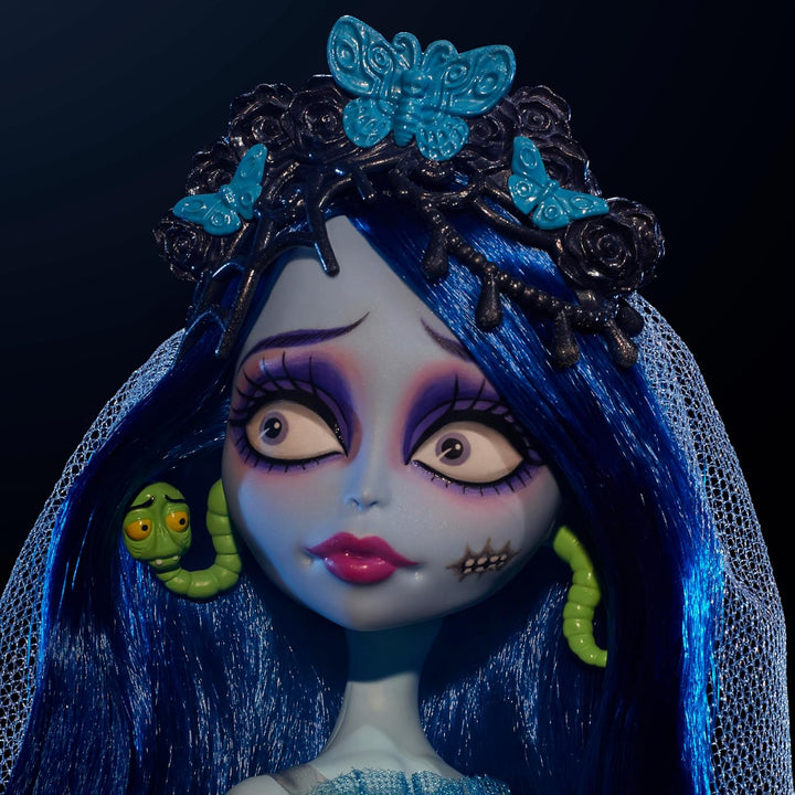 Skullector Doll, Corpse Bride Emily Collectible in Gothic Spiderweb Wedding Dress with Accessories like Gauze Veil and Doll Stand