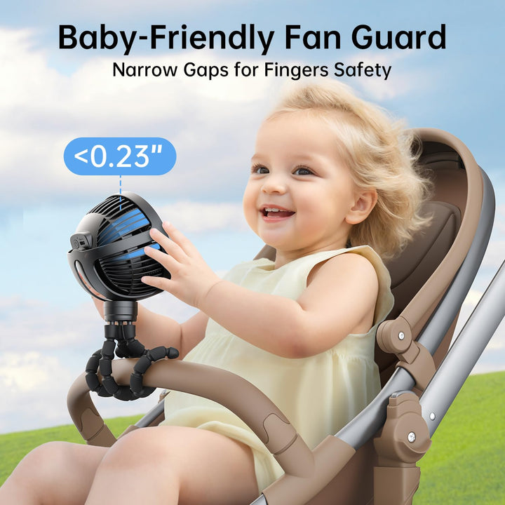 Stroller Fan Clip on for Baby, Flexible Tripod & Rechargeable Battery, Small Personal Fan, Mini Portable Fan for Travel, Handheld, Car (Black)