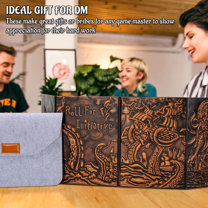 DND Dungeon Master Screen Four-Panel with Pockets, Faux Leather 3D Embossed with Cthulhu - Included DM Screen Inserts and Storage Case