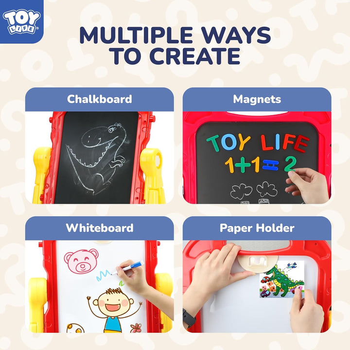 Large Art Easel for Kids, Double-Sided 4In1 Toddler Easel with Rotable Magnetic Chalkboard & White Drawing Board, Height Adjustable with Magnetic Letters & Numbers Gifts for Boys and Girls