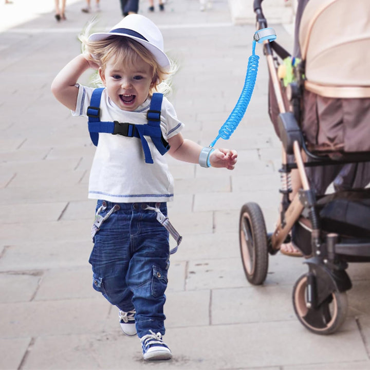 Toddler Harness with Leash, Cute Dinosaur Kids Harness + anti Lost Wrist Link, Mini Child Harness Leash Wristband Strap Belt Protector for Baby Boys Girls to Outdoor Travel (Blue)
