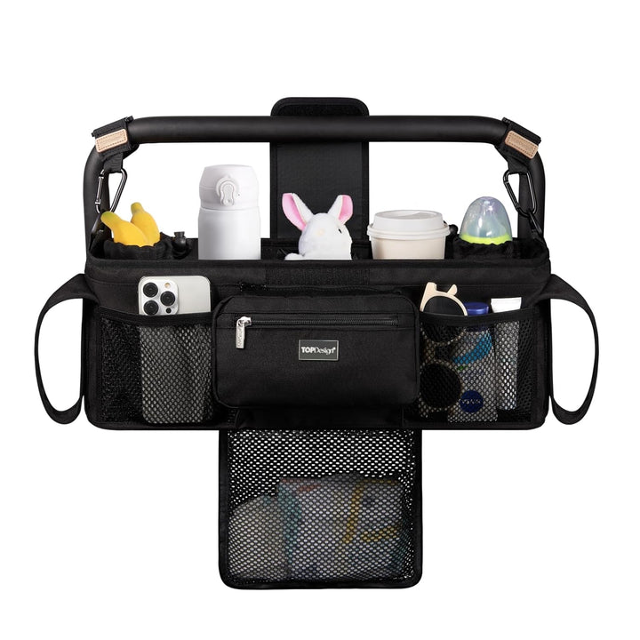 Universal Baby Stroller Organizer, Stroller Caddy with Detachable Mesh Bag & Heightened Insulated Cup Holders & Non-Slip Secure Hooks Accessories, Fits Most Strollers (Checkerboard)