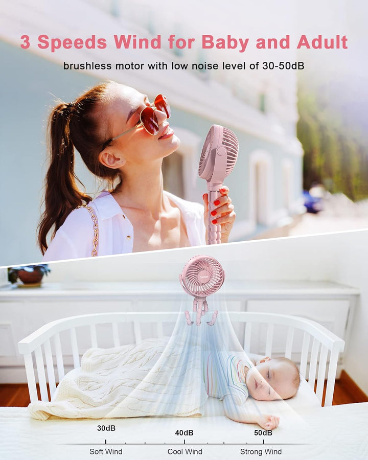 Stroller Fan Clip on for Baby, 4000Mah Rechargeable Battery Operated, Flexible Tripod, 3 Wind Speed, 360° Rotatable, Small Portable Fan for Car Seat Crib Backseat Beach Travel Camping, Pink