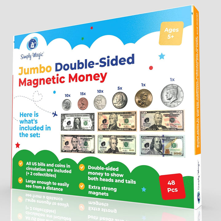 48 PCS Large Double-Sided Magnetic Money - Play Money for Kids for Learning, Pretend Money for Classroom, Toy Money, Play Coins for Kids, Money Games, Practice, Money Manipulatives, Class Money Set