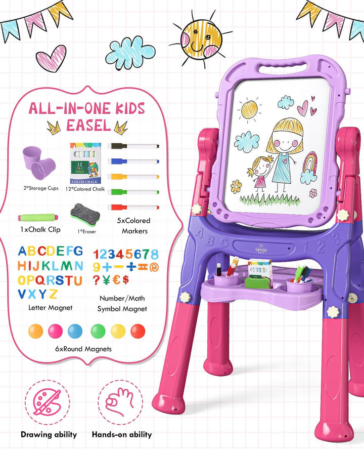 Easel for Kids, Double Sided Kids Art Easel with Magnetic White Board Chalk Board, Adjustable Standing Toddler Easel with Drawing Accessories, Gift for Girls 3 4 Years Old
