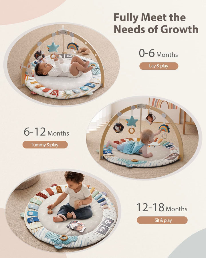 Baby Play Gym & Activity Mat, 5 Developmental Zones Wooden Tummy Time Mat with 5 Detachable Sensory Toys for Motor Skills & Sensory Development, Baby Essentials Shower Gift