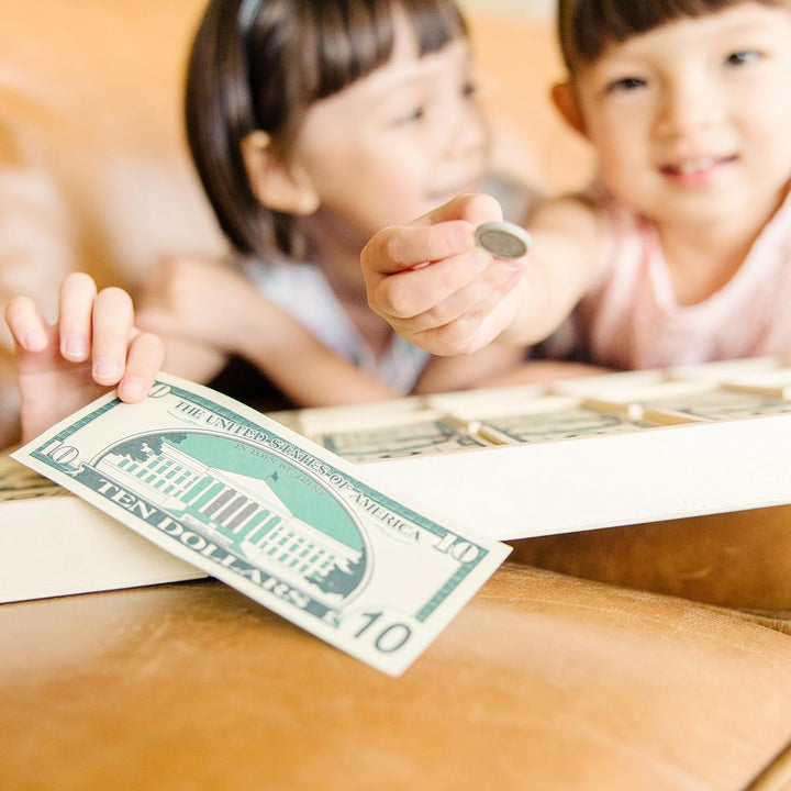 Play Money Set - Educational Toy with Paper Bills and Plastic Coins (50 of Each Denomination) and Wooden Cash Drawer for Storage