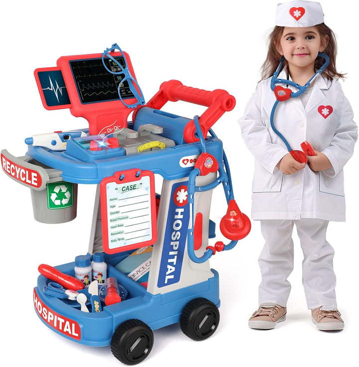 Doctor Kit for Toddlers Aged 2 3 4 5, Pretend Doctor Play Set for Kids with Cart, Costume and Stethoscope, Role Play Medical Toys for Girls Boys(Pink)