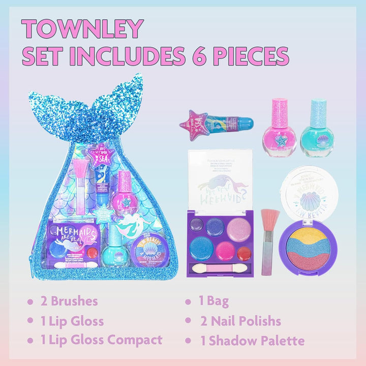 Mermaid Vibes Makeup Set with 8 Pieces, Including Lip Gloss, Nail Polish, Body Shimmer and More in Mermaid Bag, Ages 3+ for Parties, Sleepovers and Makeovers