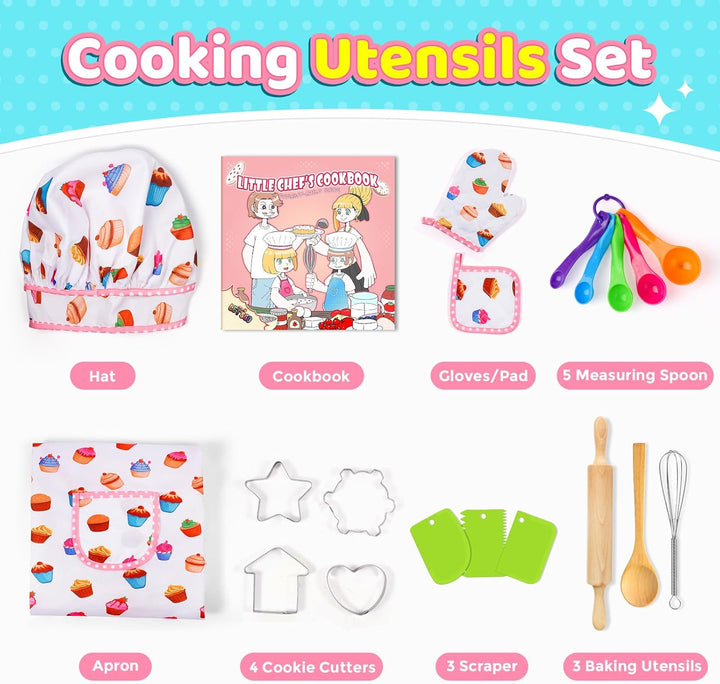 Birthday Gifts for 3-8 Year Old Girls Cute Stuff Apron for Girls Kids Cooking Sets Toddler Toys Kids Chef Hat and Apron Easter Christmas Stocking Stuffers White-With Cookbook
