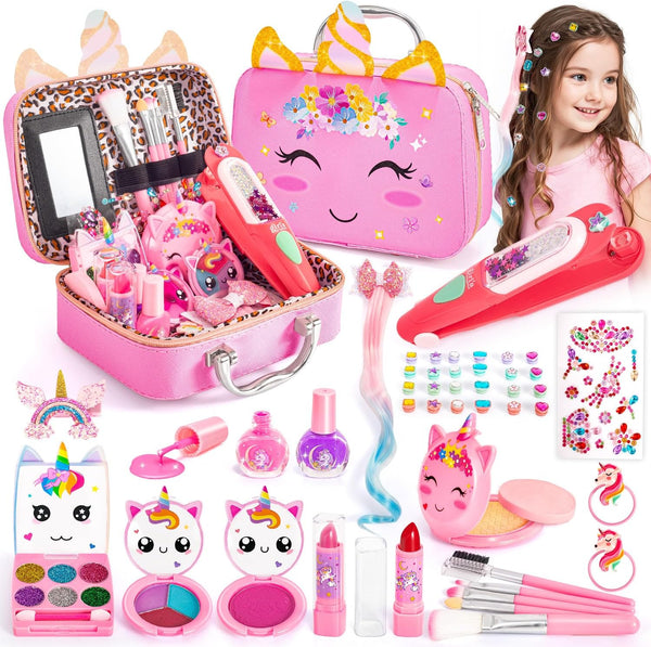 Kids Makeup Kit for Girls Toy – Washable Play Make up Set & Hair Gem Stamper, Bling Hair Jewel Accessories, Princess Dress up Toddlers Christmas Birthday Gift Ideal for Girls 3 4 5 6 7 8-12 Years Old