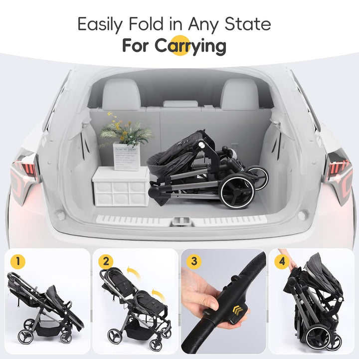 Double Stroller, Foldable Twin Tandem Stroller with Adjustable Backrest, Reversible Seat, 5-Point Harness, Storage Basket, Convertible Baby Bassinet for Infant and Toddler, Gray