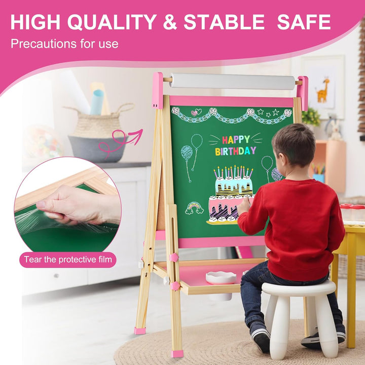 Easel for Kids,Adjustable Wooden Toddler Art Easels, Girls Toys for Ages 5-7,8-13,2-4, Magnetic White Board and Chalk Board with Art Supplies, 2 3 4 5 6 7 8 9 10 Year Old Girl Birthday Gift