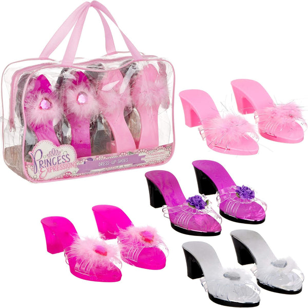 Expressions Toddler Girls Kids 4 Pack Dress up Royalty Shoes with Heels Set in Carrying Bag - Fits Toddler Shoe Size 7-10