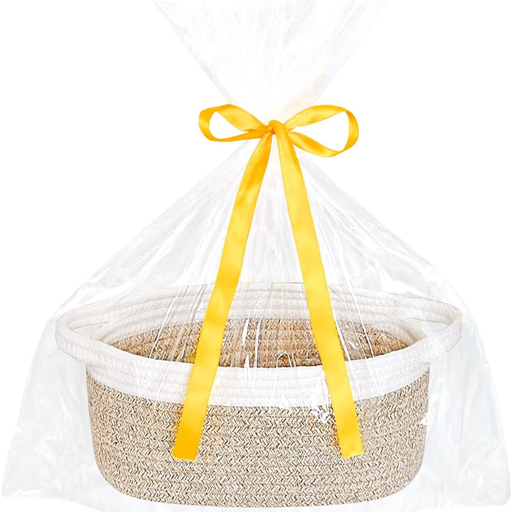 Small Basket with Gift Bags and Ribbons, Empty Gift Baskets, Decorative Boho Rope Woven Nursery Storage Organizer Toy Baskets with Handle for Baby Showers, 12"X 8" X 5"