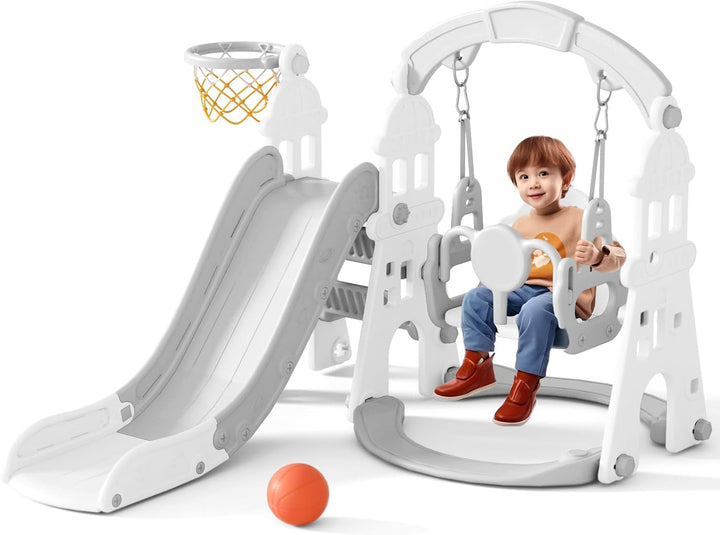 4-In-1 Kids Slide and Swing Set, Toddler Slide with Basketball Hoop, Swing, Outdoor Indoor Playground for Toddlers 1-3 (4 in 1-Pink)