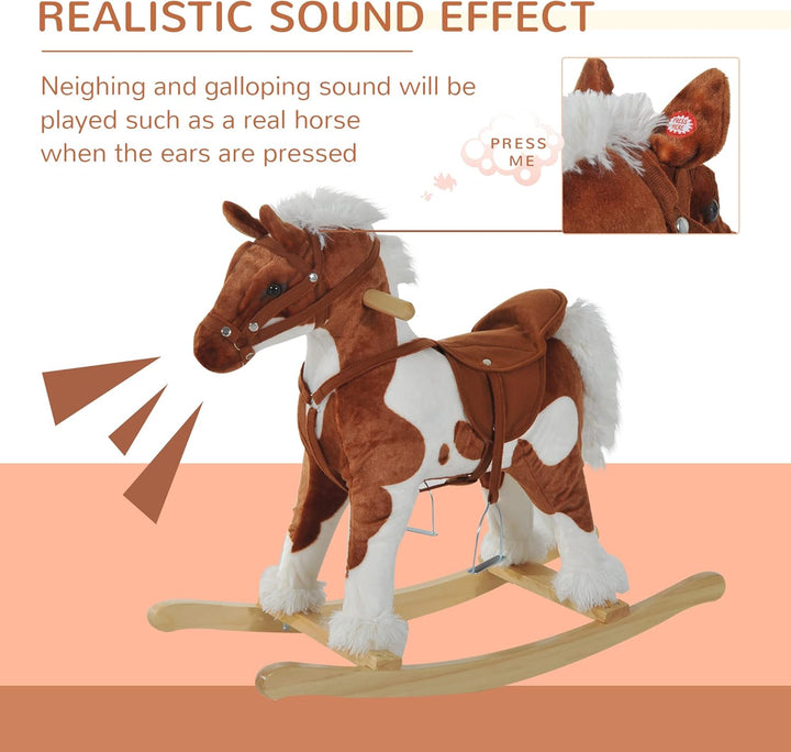 Wooden Toddler Rocking Horse, Kids Plush Ride on Horse Toy Animal Rocker with Nursery Rhyme Music Brown