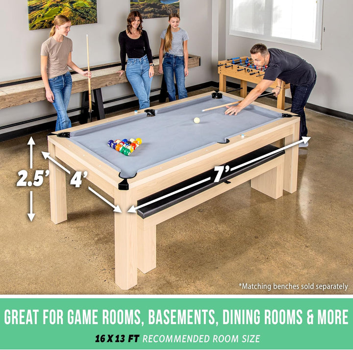 7 Ft 3 in 1 Pool, Dining, & Table Tennis Combo Table and Storage Benches - Convertible Top Game Table with Billiards and Table Tennis Accessories