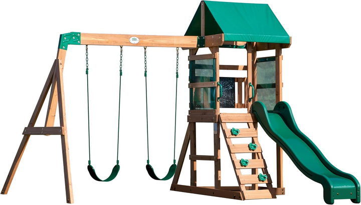 Buckley Hill Cedar Wood Swing Set with Wave Slide, Play Deck, Rock Wall Ladder, Belt Swings, Chalkboard, Canopy Roof, Outdoor Playset