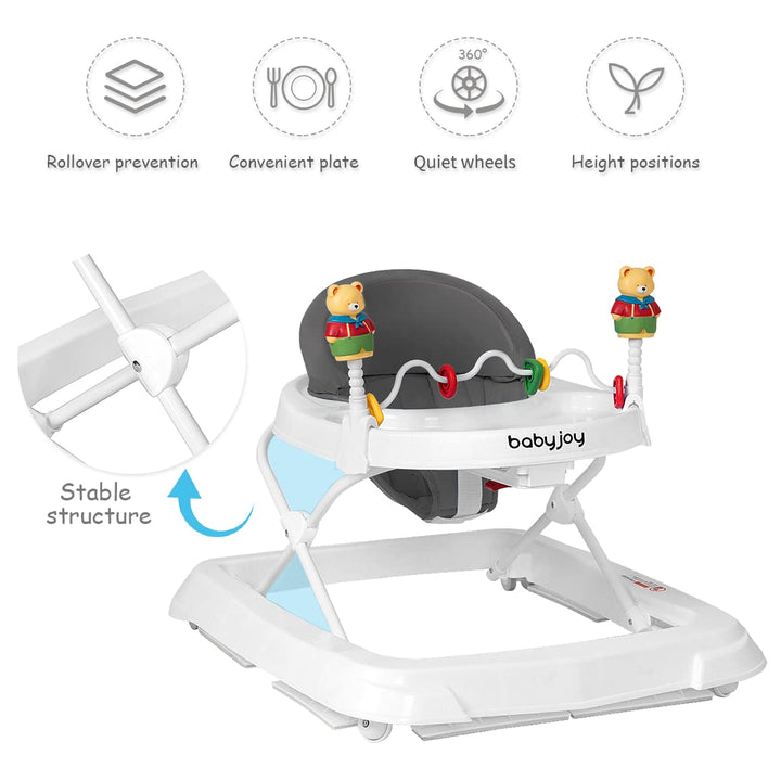 Baby Walker, Foldable Activity Walker with Adjustable Height, Large Tray & Removable Toys, Baby Walker with Wheels for Boys Girls 6-18 Months (Gray)