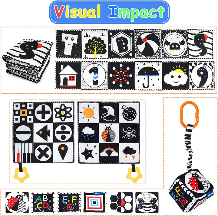3 PCS Black and White High Contrast Baby Toys Newborn Toys 0-6 Months, Visual Stimulation Sensory Soft Book, Infant Tummy Time Toys 0-3-6 Months Baby Gifts