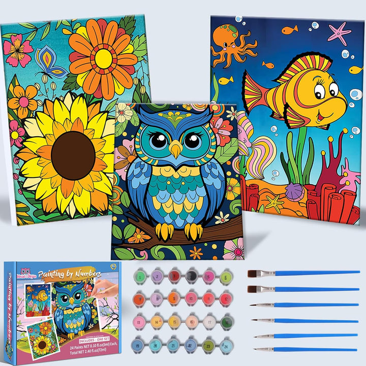 Paint-By-Numbers Kit - 3 Pack Framed Canvas, 24X3Ml Acrylic Paints, 6 Brushes, Predrawn Canvas, Art Set for Teens & Kids