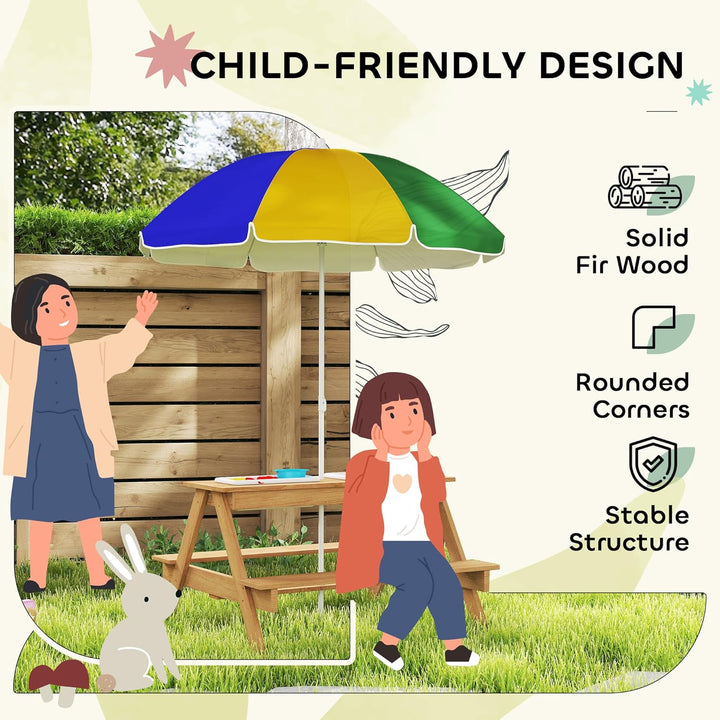 Kids Picnic Table, Wooden Outdoor Table & Bench Set with Removable Umbrella, Children Sand and Water Activity Table for Patio, Backyard, Gift for Boys Girls, Mixed Color