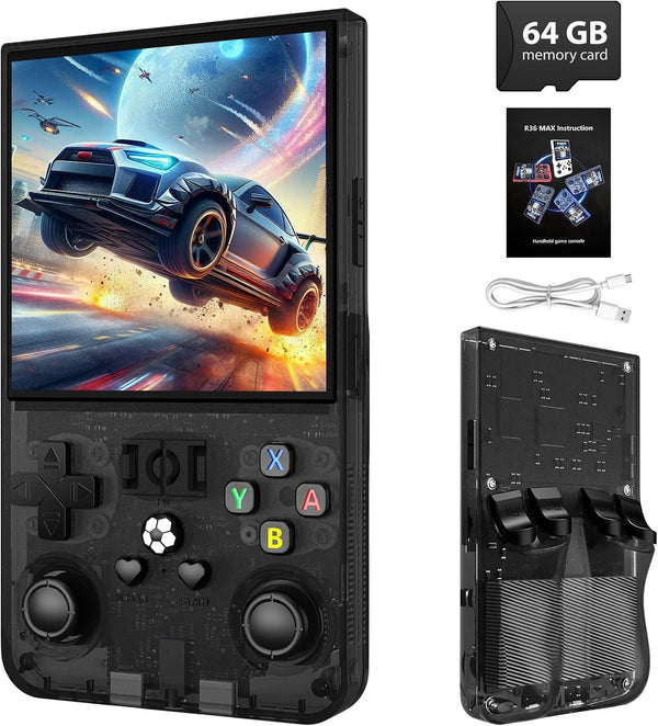 R36MAX Retro Handheld Game Console - 64GB Preloaded Classic Video Games, Support 30+ Simulators, Linux-Powered Portable Game Emulator Console with 4.0-In HD IPS Screen (Transparent Black)