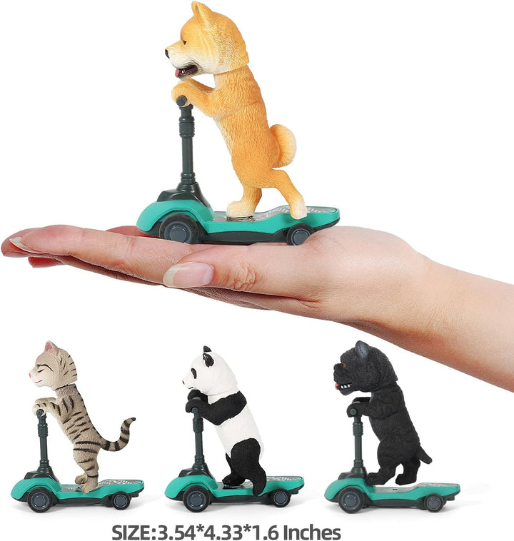 Dog and Cat Toy Scooter Pull Back Cars, 4-Pack Mini Animal Finger Kick Scooters with Panda, Kitten, Shiba Inu, and Bulldog Figures Toys for Boys and Girls Ages 3-6