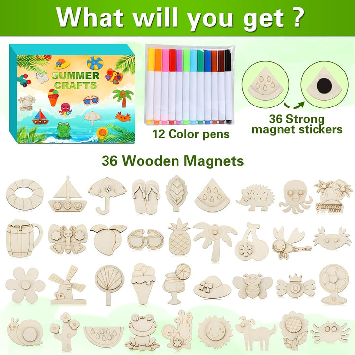 Summer Crafts for Kids, 36 Pcs DIY Wooden Magnets Art Craft Supplies Painting Kit for Boys Girls Ages 4-8 8-12 Birthday Party Gifts Summer Activities School Classroom Prizes