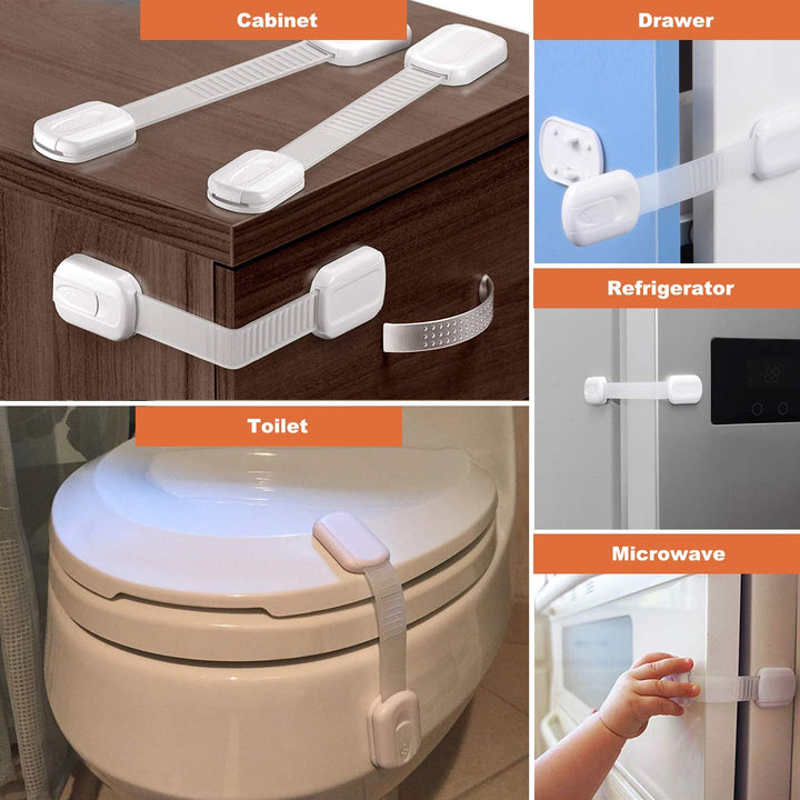 6 Pack  Multi-Use Adhesive Straps Locks - Childproofing Baby Proofing Cabinet Latches for Drawers, Fridge, Dishwasher, Toilet Seat, Cupboard, Oven,Trash Can, No Drilling (White) (6)