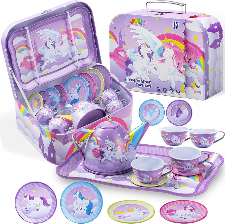 Unicorn Tea Set for Toddlers Tea Party Set for Children Kids Pretend Role Play Tin Teapot Set with Cups, Plates and Carrying Case Kitchen Toy for Little Girls Birthday Gifts Age 3 4 5 6