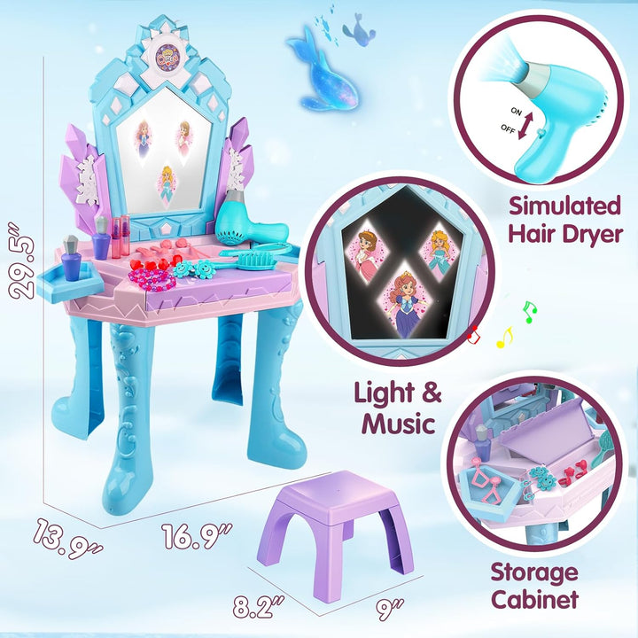 Kids Vanity Magic Makeup Table and Chair Set Girl Toys Mirror with Music Light Frozen Toys for 2 3 4 5 6 Year Old Girls Hair Salon Pretend Play Princess Dress up Playset Gift Toddler 1-3 3-5