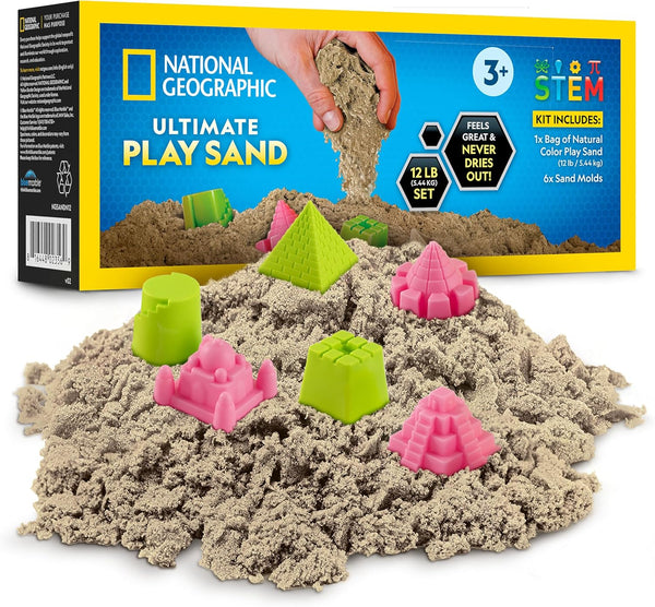 National Geographic Moon Sand - 12 Lbs. with Castle Molds (Natural) - a Fun No Mess Sensory Activity, Kids Fake Sand Play Set, Sensory Bin Filler
