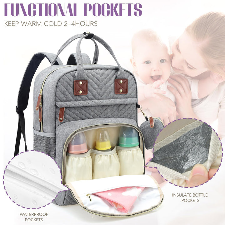 Diaper Bag Backpack, Baby Essentials Travel Tote Bag, Multi Function Waterproof Backpacks, Travel Essentials with Stroller Straps & Pacifier Case - Grey