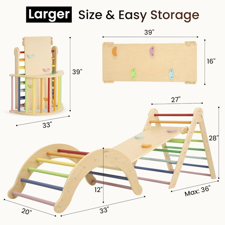 7-In-1 Climbing Toys for Toddlers 1-3 Inside, Foldable Wooden Montessori Climbing Set Indoor, Pikler Triangle Set with Arch, Ramp & Ladder - Rainbow