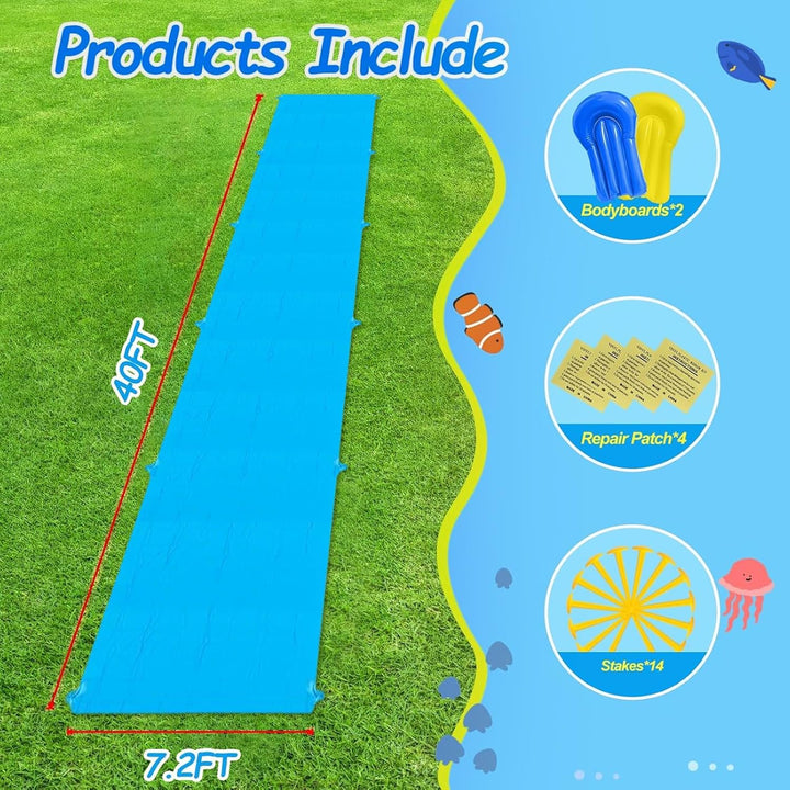 Slip Water Slide, 40FT Giant Slip Water Slides for Kids Backyard, Heavy Duty Slip and Water Slide for Kids Adults Waterslides Backyard Summer Outdoor Toys with 14 Stakes and 2 Inflatable Bodyboards