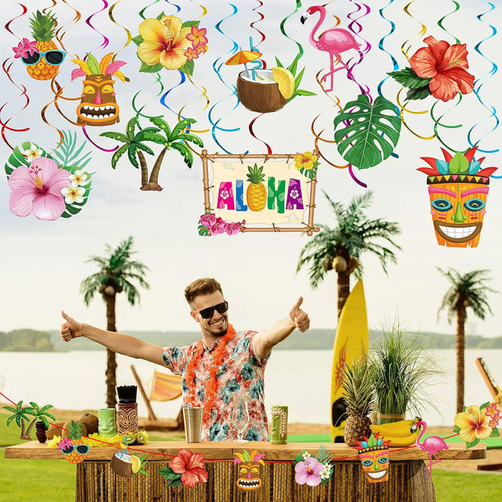 30 Pieces Hawaiian Luau Birthday Party Hanging Swirl Decorations, Flower Tropical Palm Flamingo Sign Foil Ceiling Decor for Floral Tropical Party Summer Beach Pool Tiki Supplies(Summer)